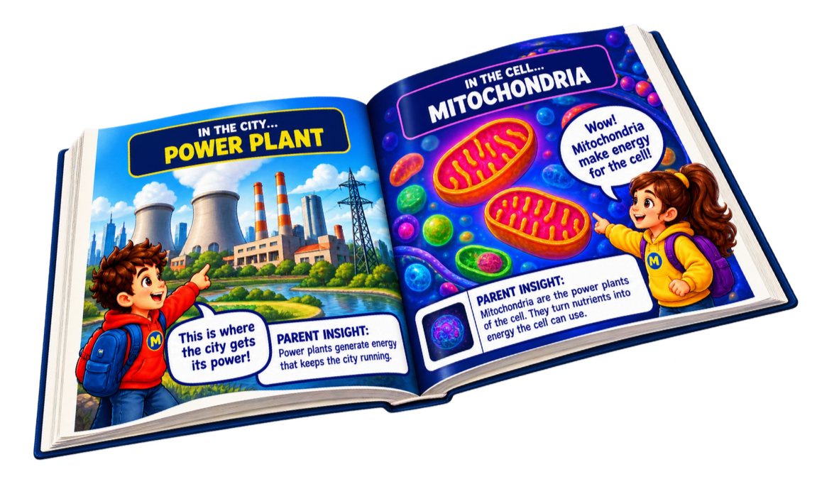 Open book showing the Curious Connections power plant and mitochondria comparison